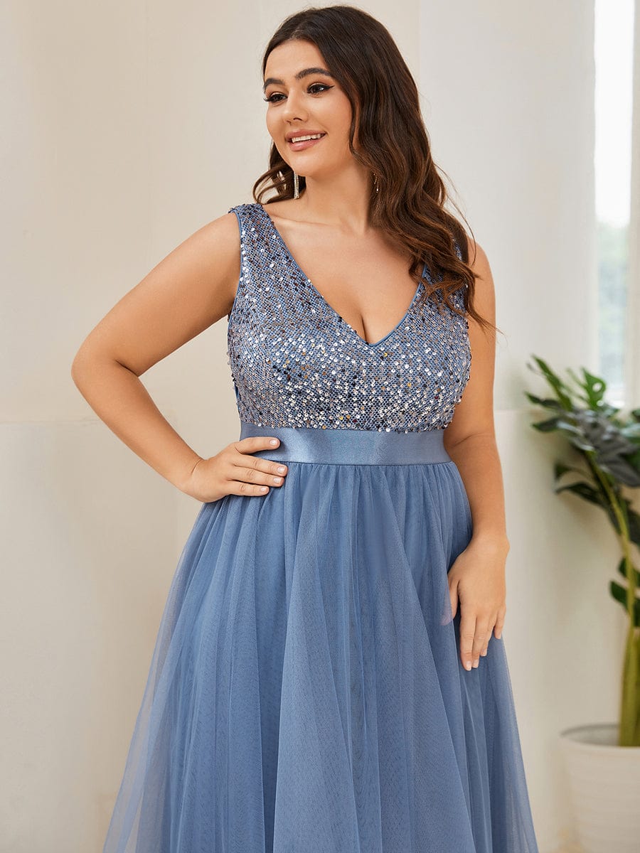 Plus Size Sequin V-Neck Sleeveless High Low Evening Dress