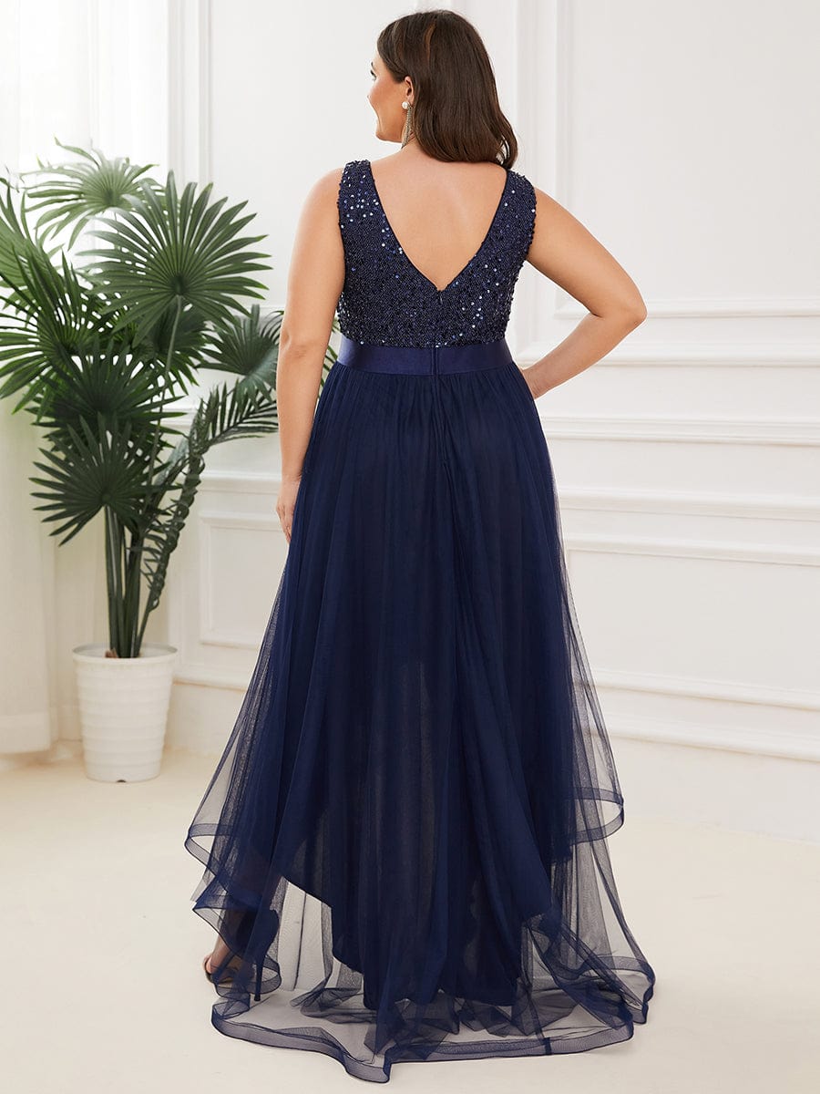 Sequin V-Neck Sleeveless High Low Evening Dress