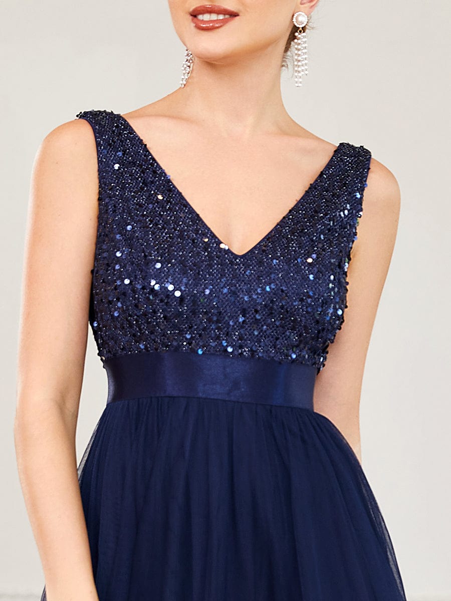 Sequin V-Neck Sleeveless High Low Evening Dress