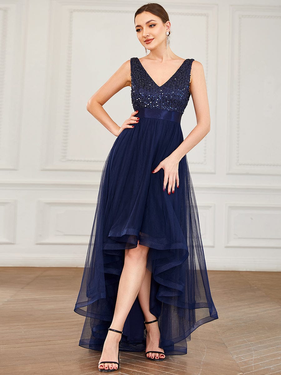 Sequin V-Neck Sleeveless High Low Evening Dress