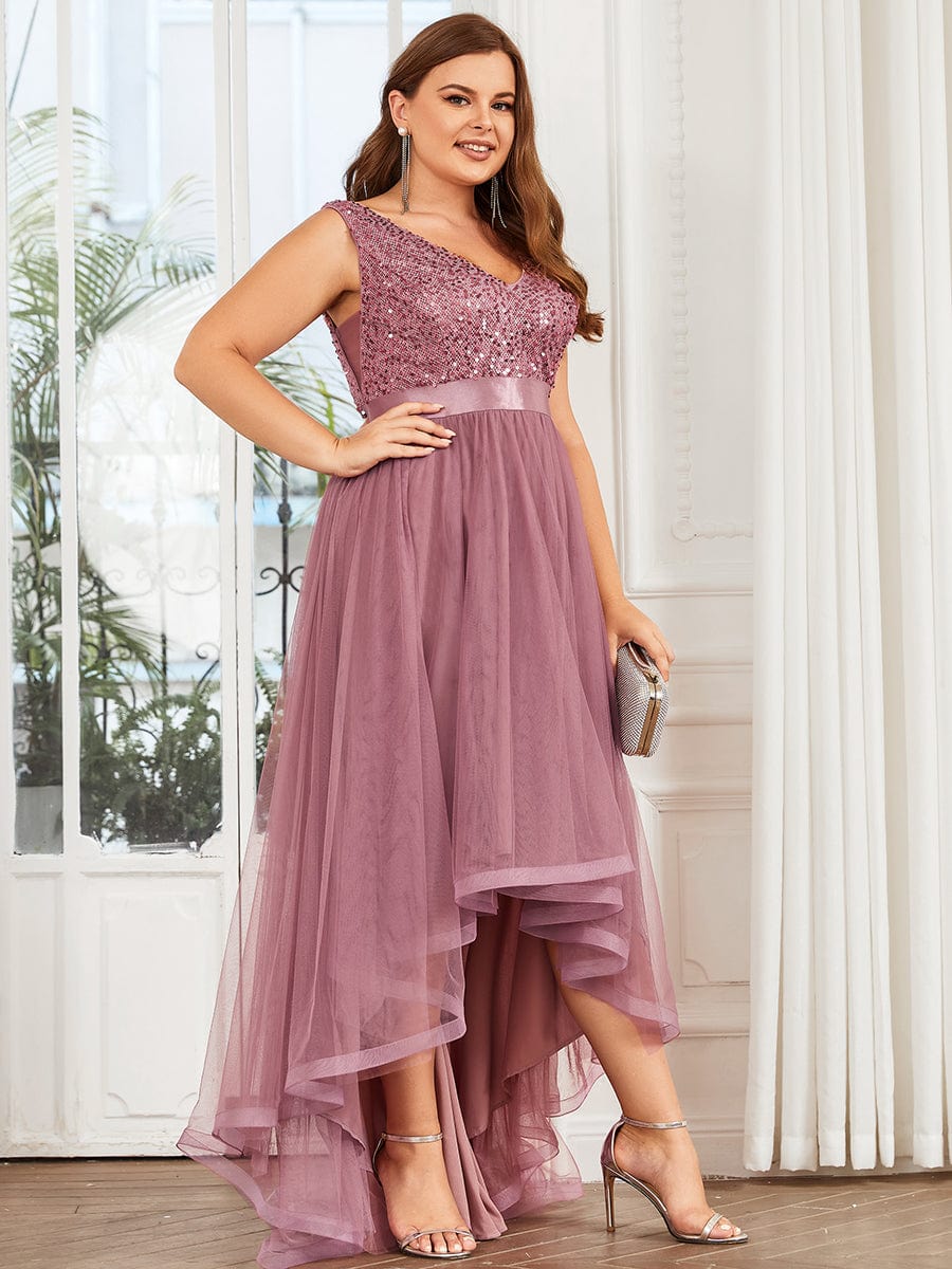 Plus Size Sequin V-Neck Sleeveless High Low Evening Dress