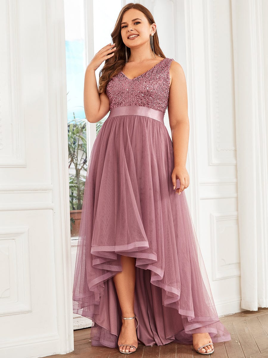 Sequin V-Neck Sleeveless High Low Evening Dress