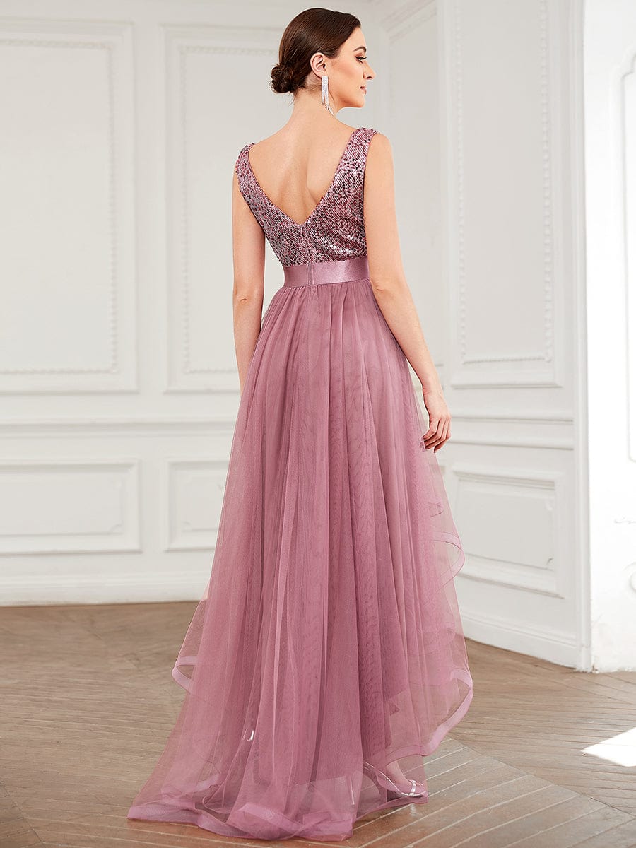 Sequin V-Neck Sleeveless High Low Evening Dress