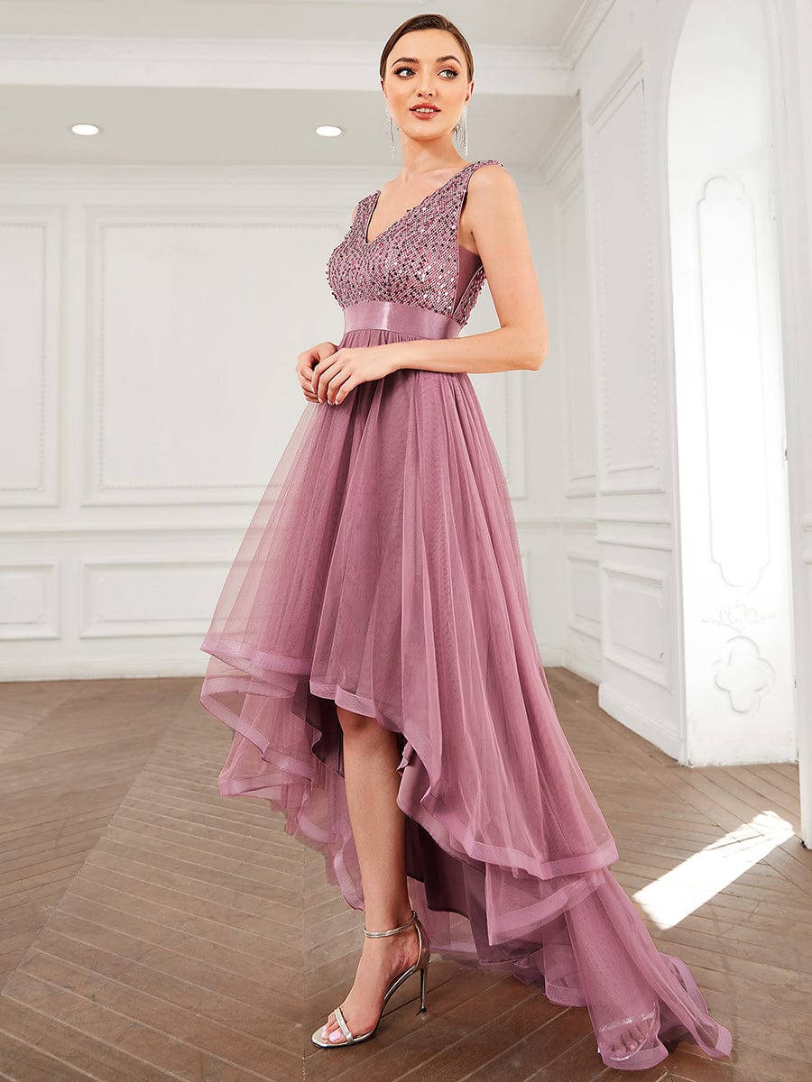 Sequin V-Neck Sleeveless High Low Evening Dress