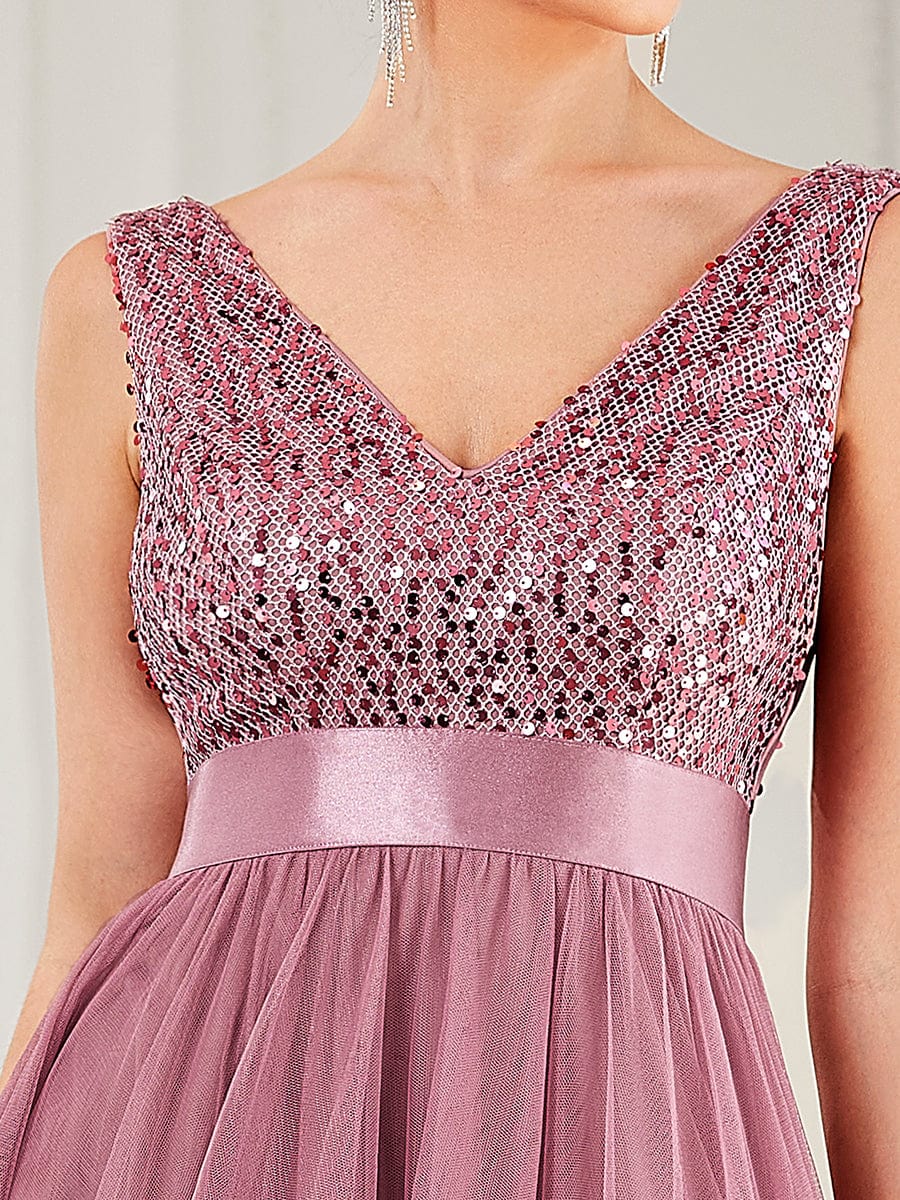 Sequin V-Neck Sleeveless High Low Evening Dress