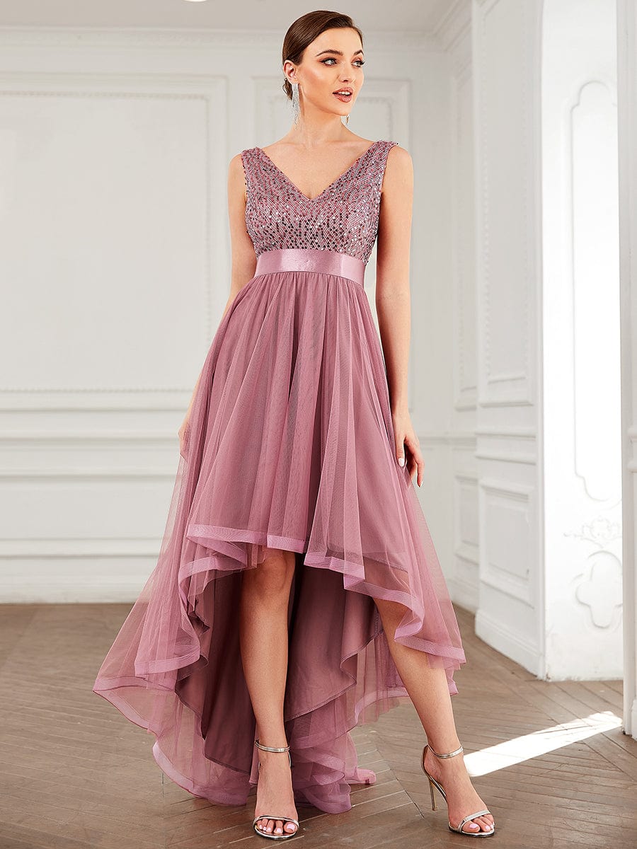 Sequin V-Neck Sleeveless High Low Evening Dress