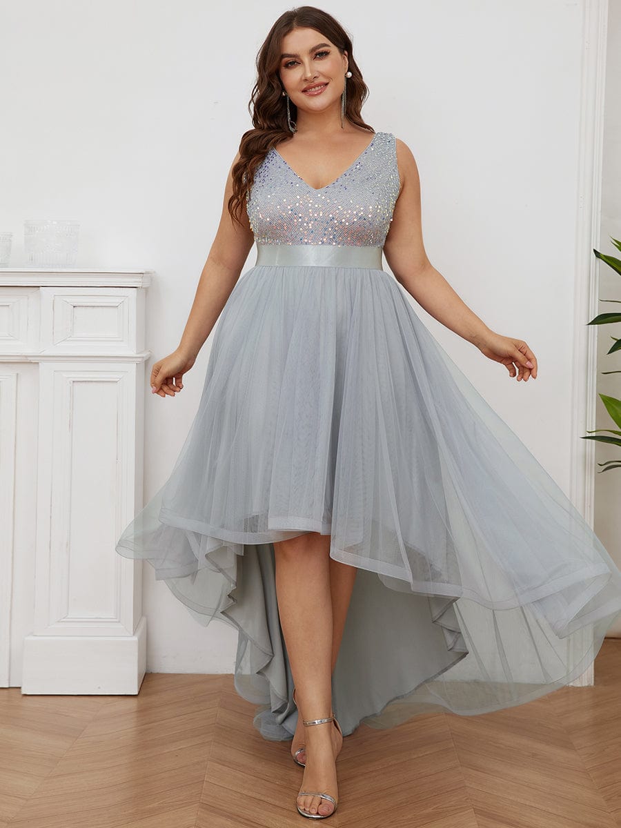 Plus Size Sequin V-Neck Sleeveless High Low Evening Dress