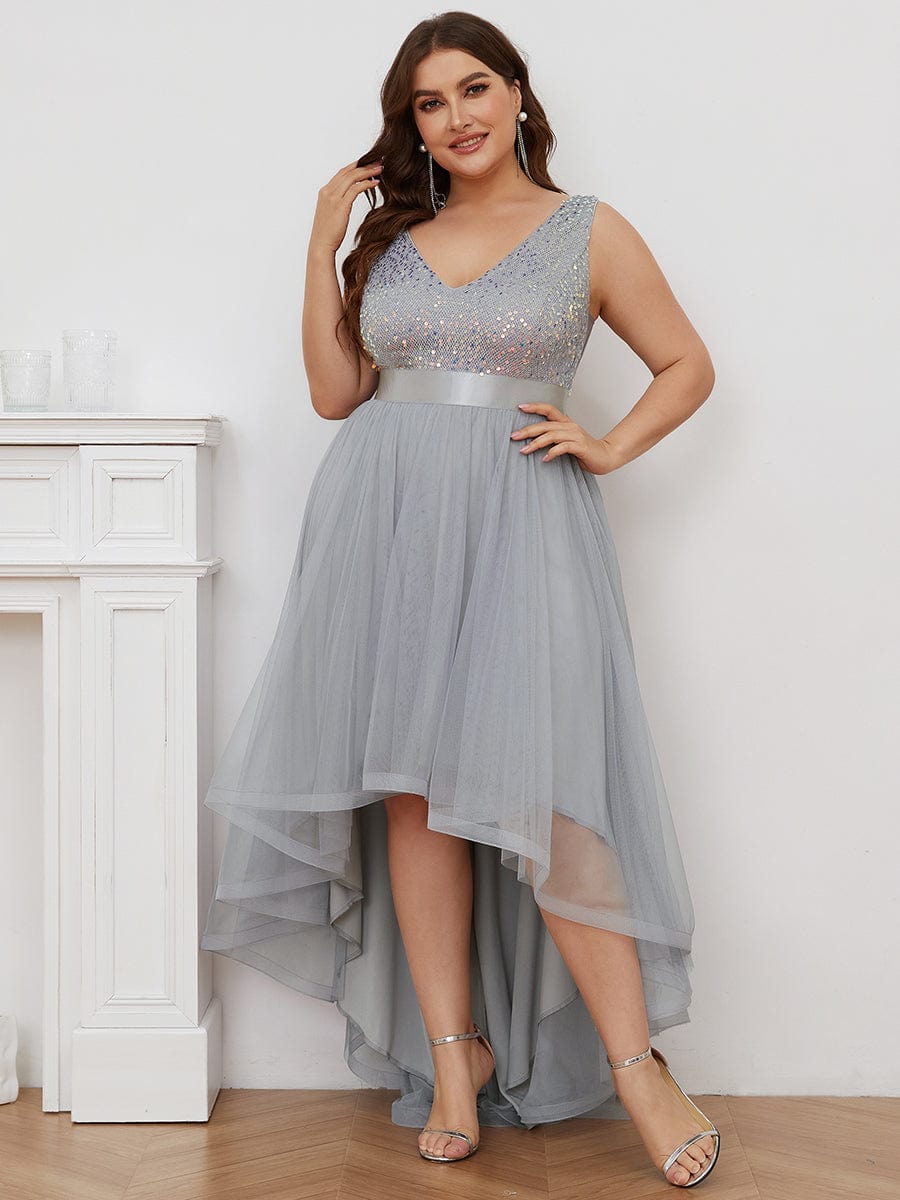 Plus Size Sequin V-Neck Sleeveless High Low Evening Dress