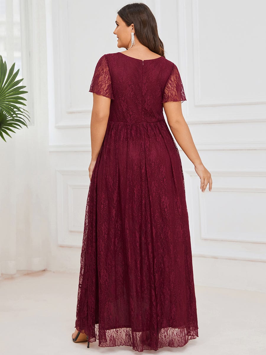 Plus Size V-Neck Short Sleeve Pleated Ruffled Lace Evening Dress