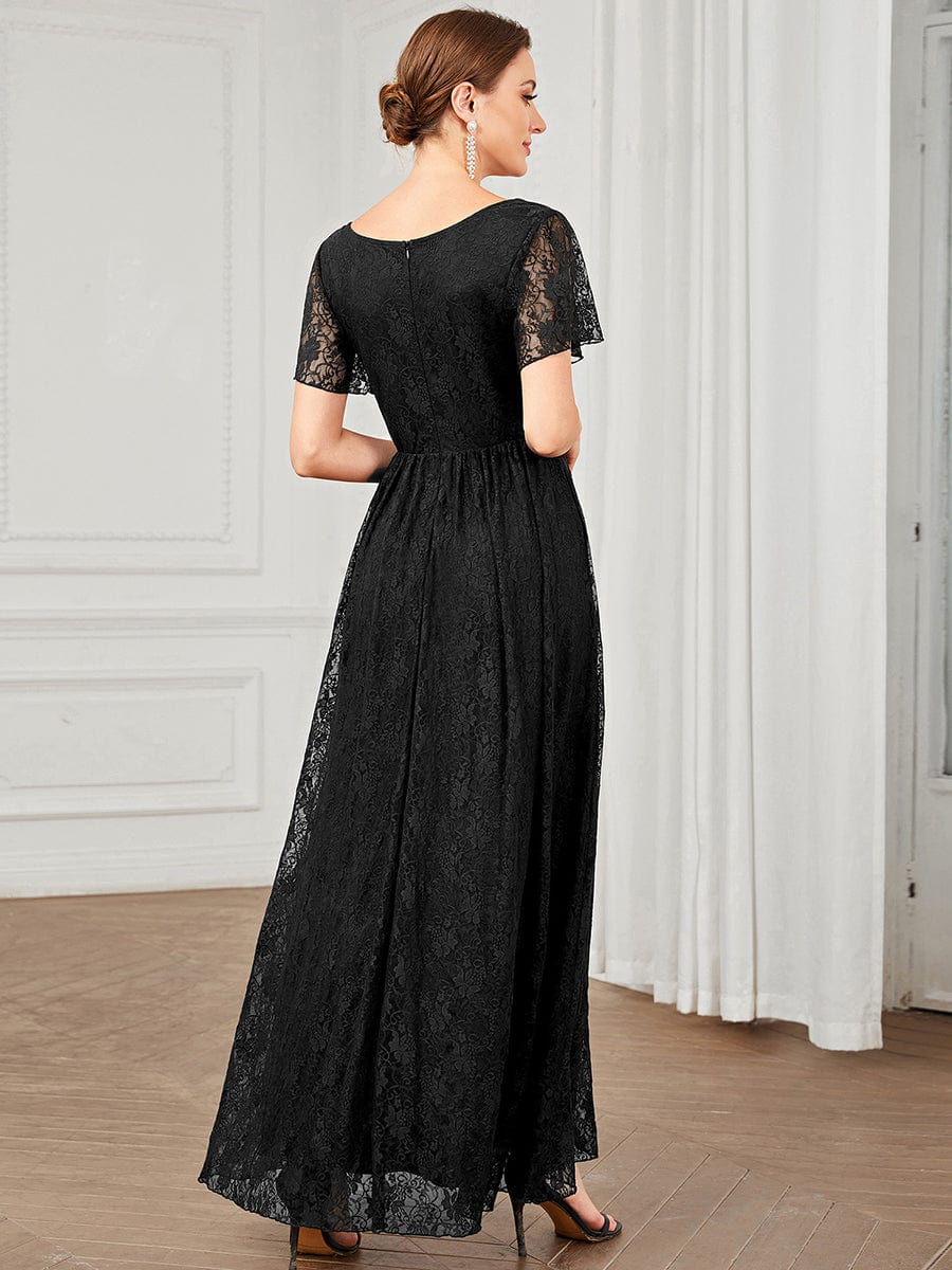 V-Neck Short Sleeve Pleated Ruffled Lace Evening Dress