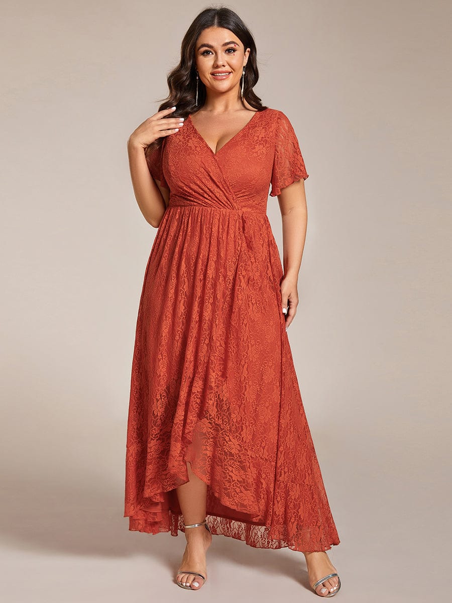 V-Neck Lace High-Low Evening Dress with Short Sleeves