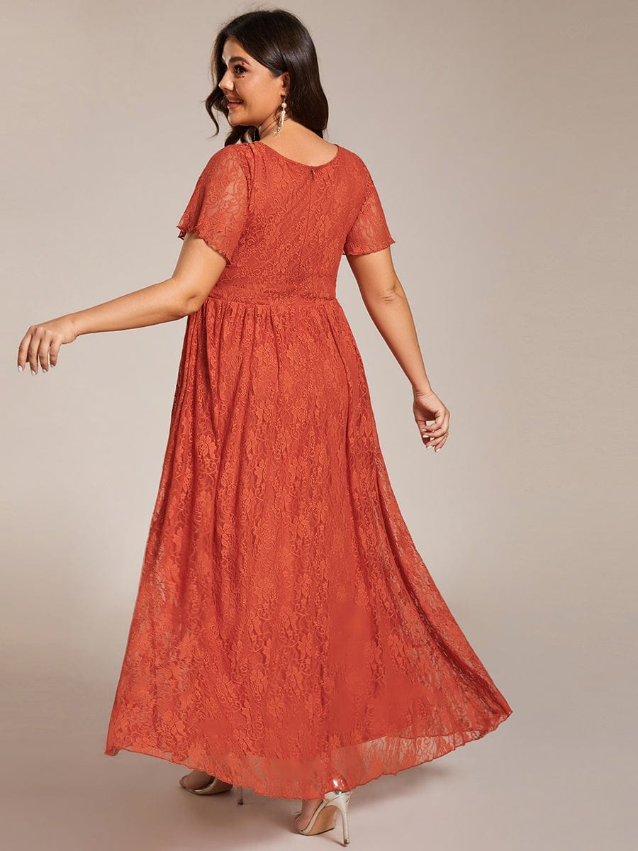 Plus Size V-Neck Short Sleeve Pleated Ruffled Lace Evening Dress