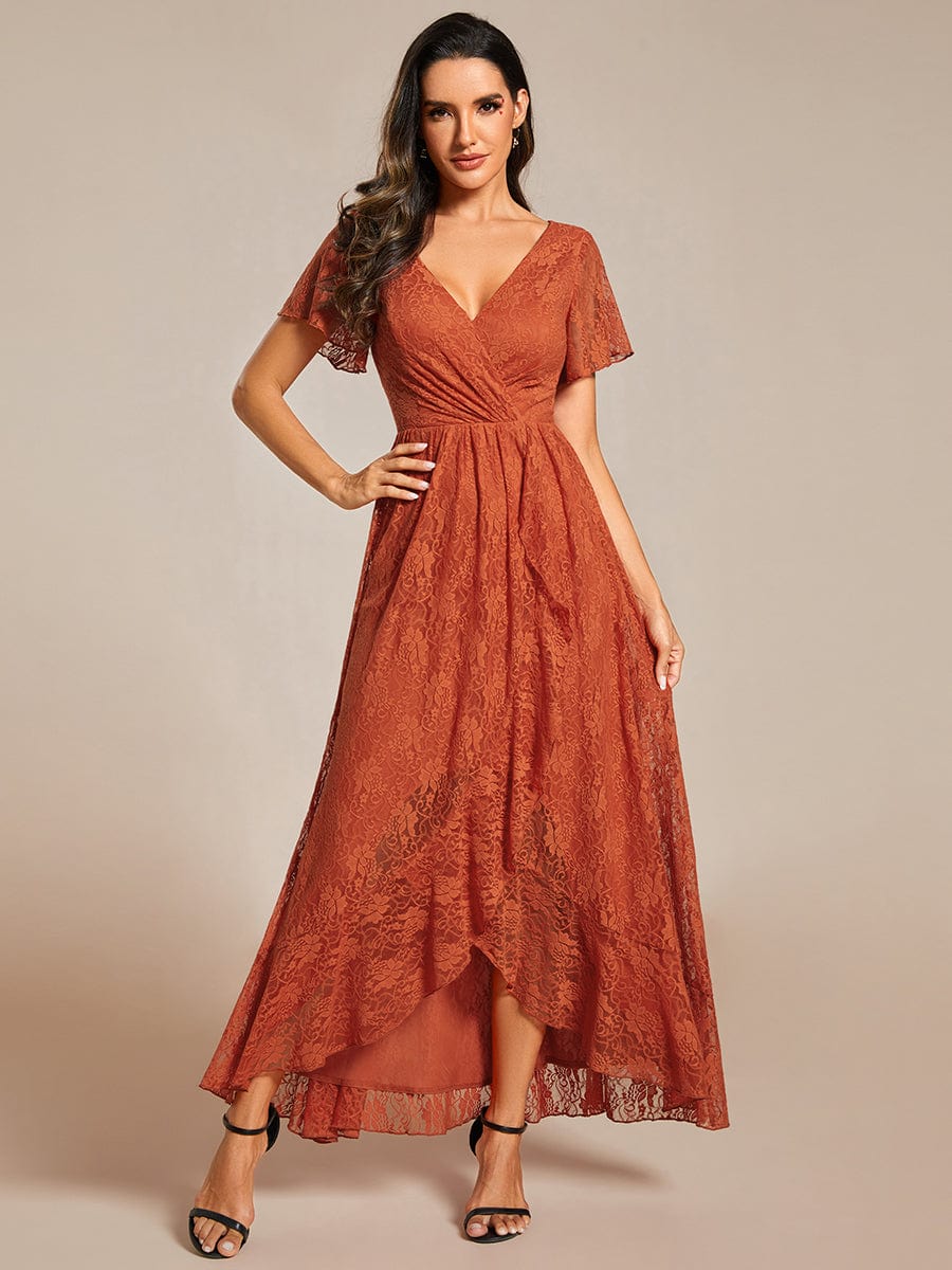 V-Neck Lace High-Low Evening Dress with Short Sleeves