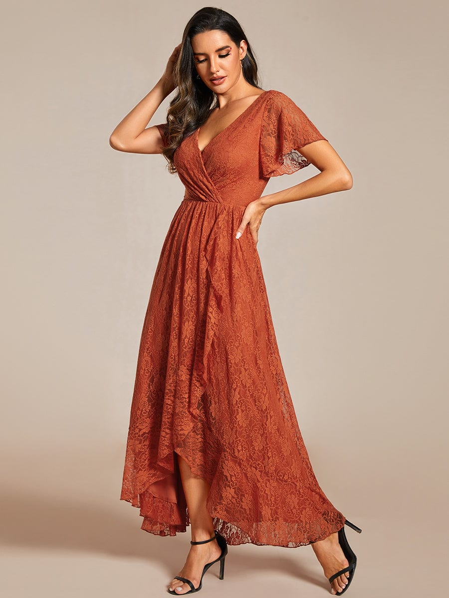 V-Neck Lace High-Low Evening Dress with Short Sleeves