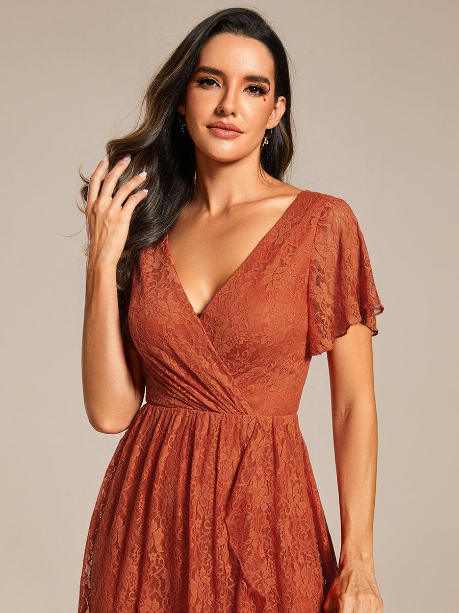 V-Neck Lace High-Low Evening Dress with Short Sleeves