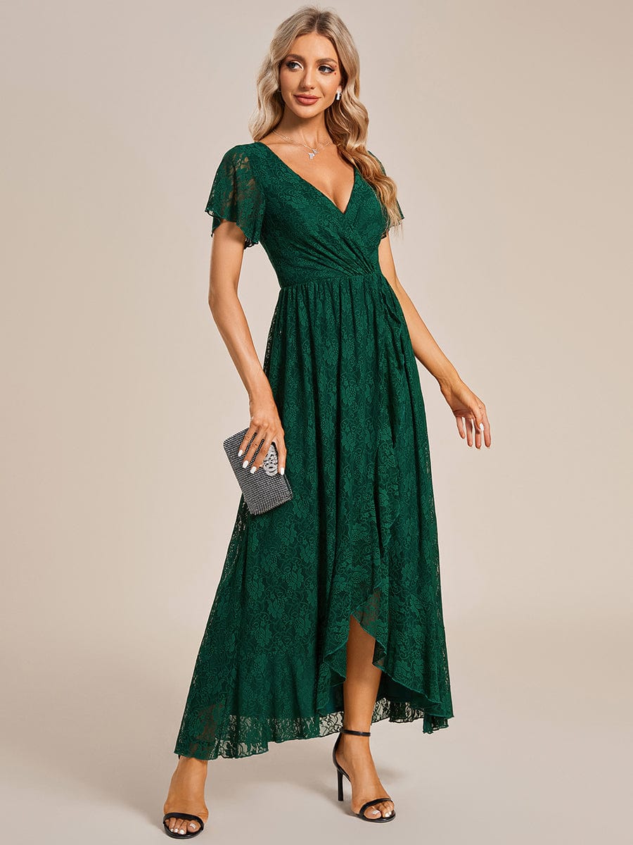 V-Neck Short Sleeve Pleated Ruffled Lace Evening Dress