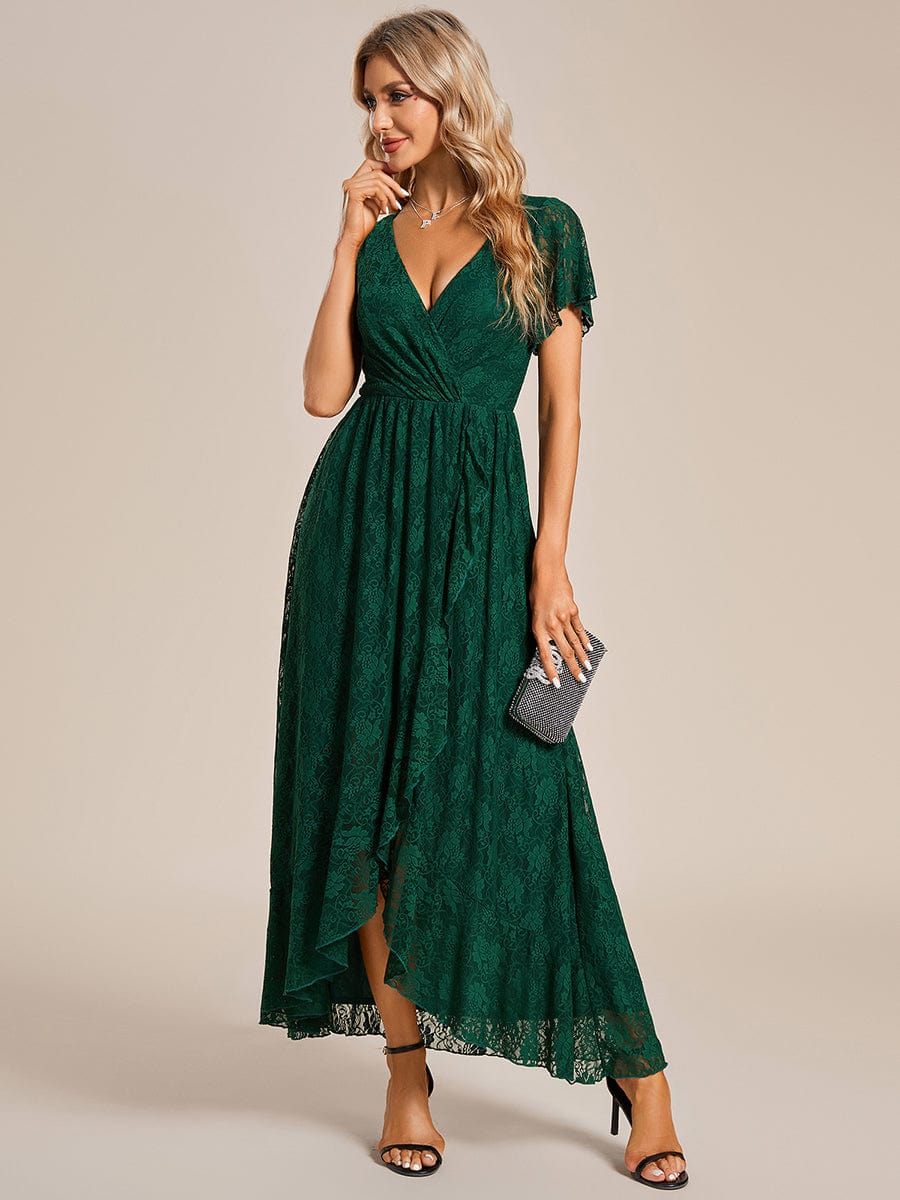 V-Neck Short Sleeve Pleated Ruffled Lace Evening Dress