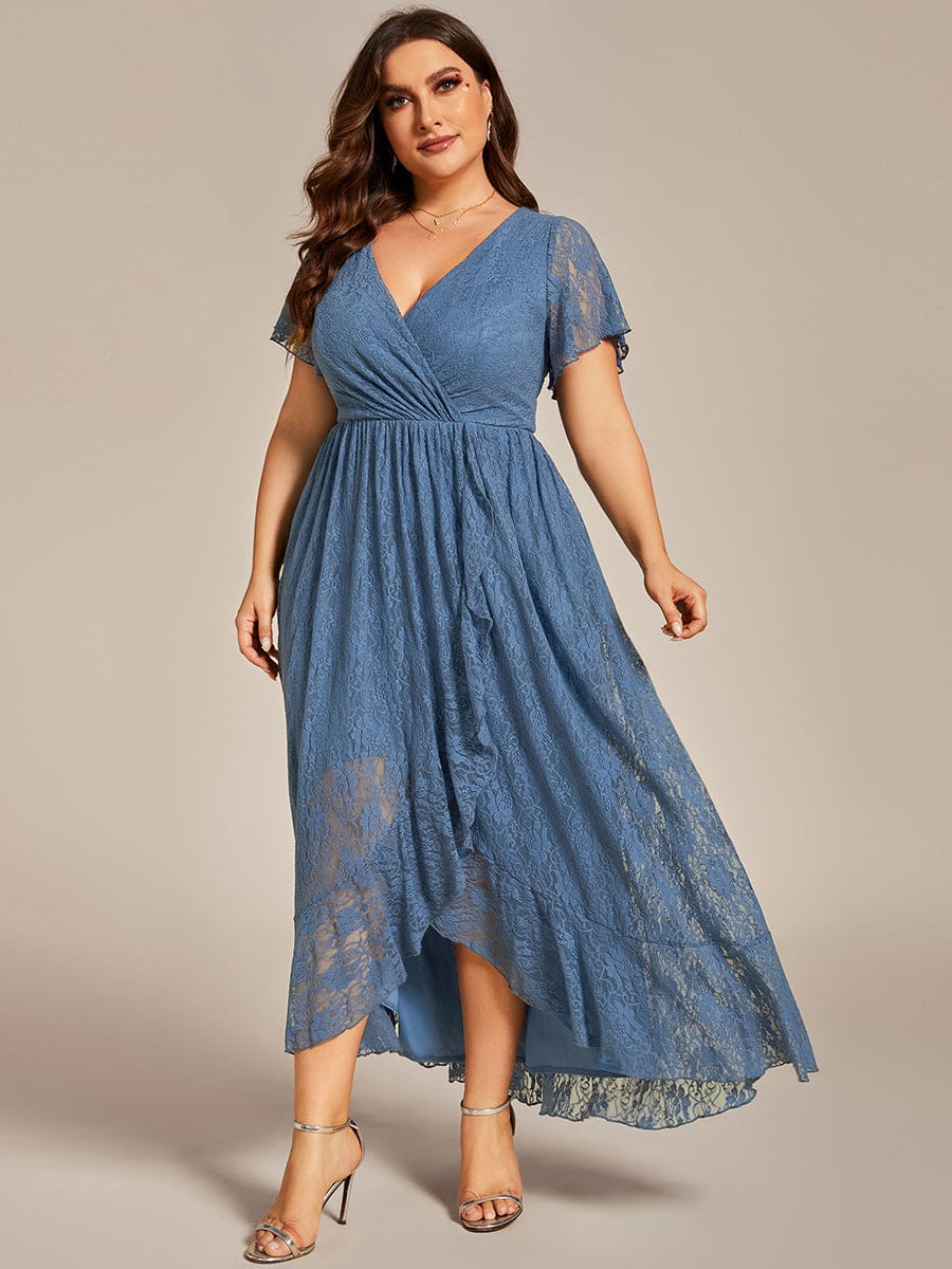 Plus Size V-Neck Short Sleeve Pleated Ruffled Lace Evening Dress