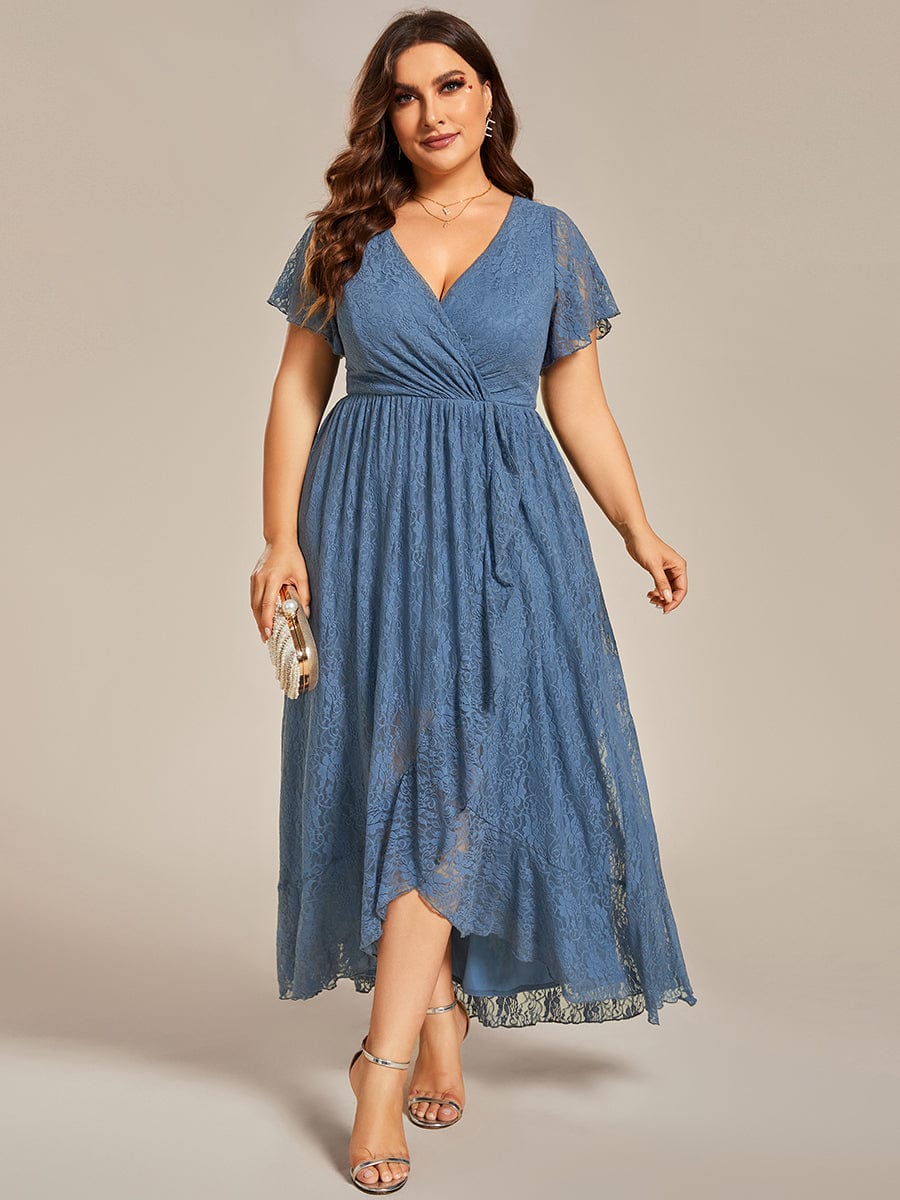 Plus Size V-Neck Short Sleeve Pleated Ruffled Lace Evening Dress