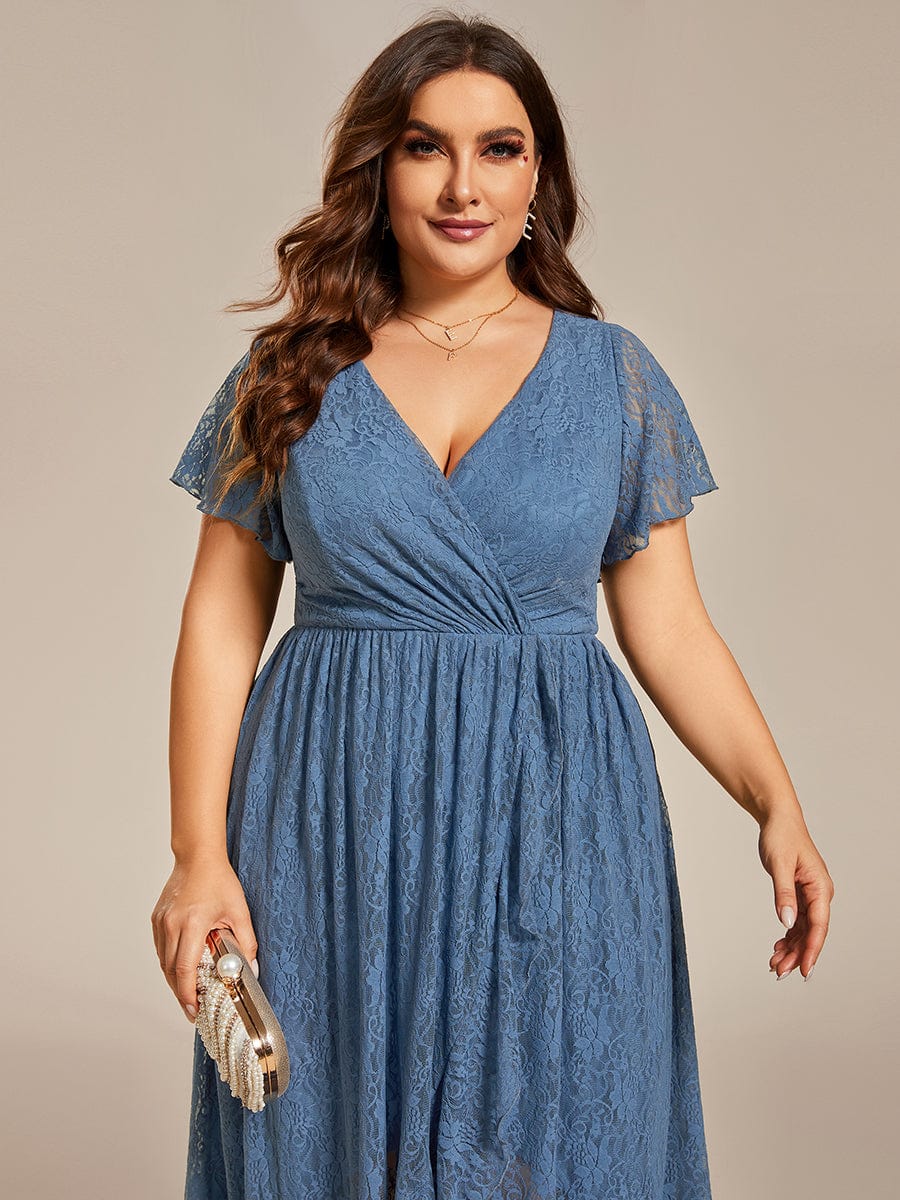 Plus Size V-Neck Short Sleeve Pleated Ruffled Lace Evening Dress