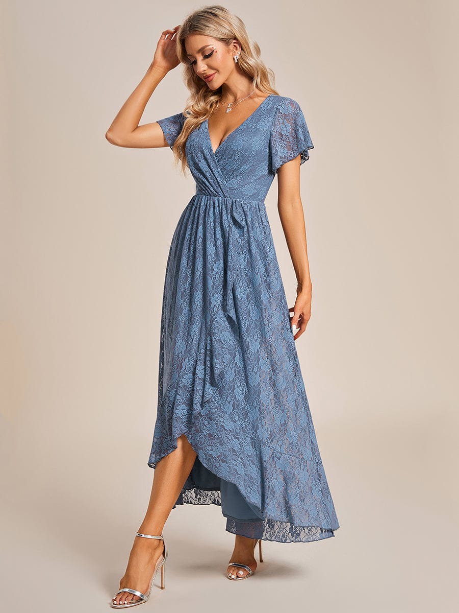 V-Neck Short Sleeve Pleated Ruffled Lace Evening Dress