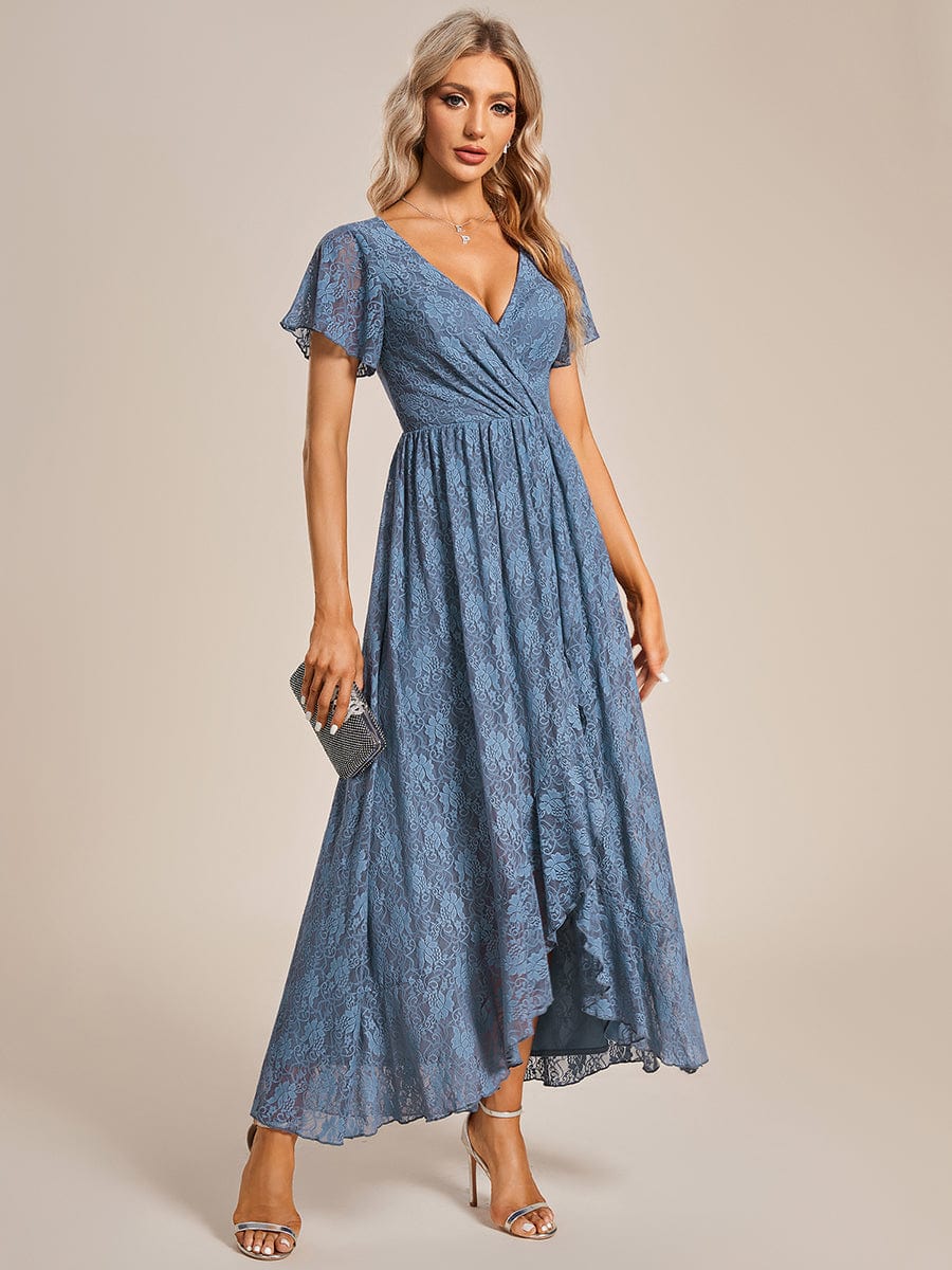 V-Neck Short Sleeve Pleated Ruffled Lace Evening Dress