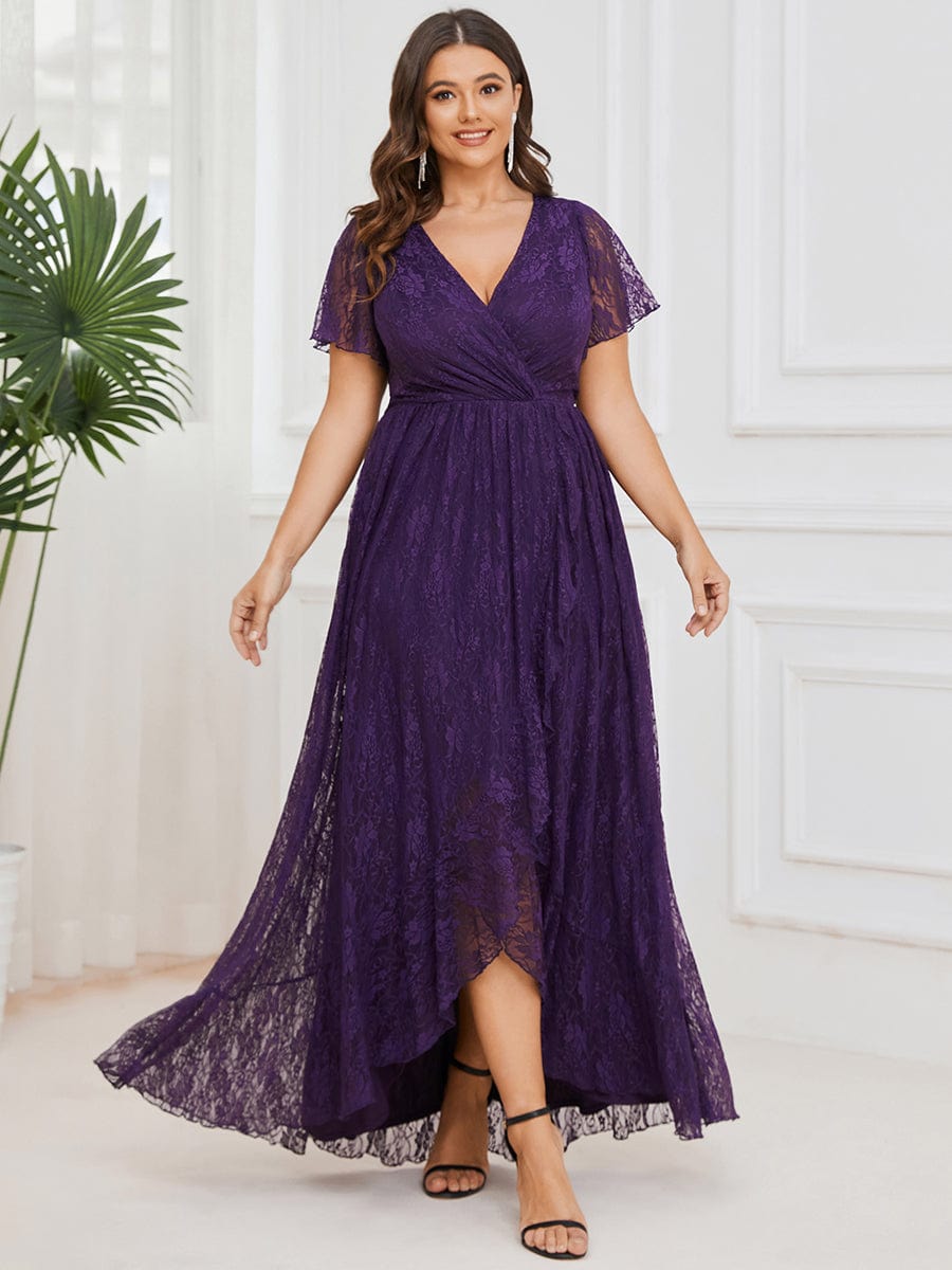 Plus Size V-Neck Short Sleeve Pleated Ruffled Lace Evening Dress