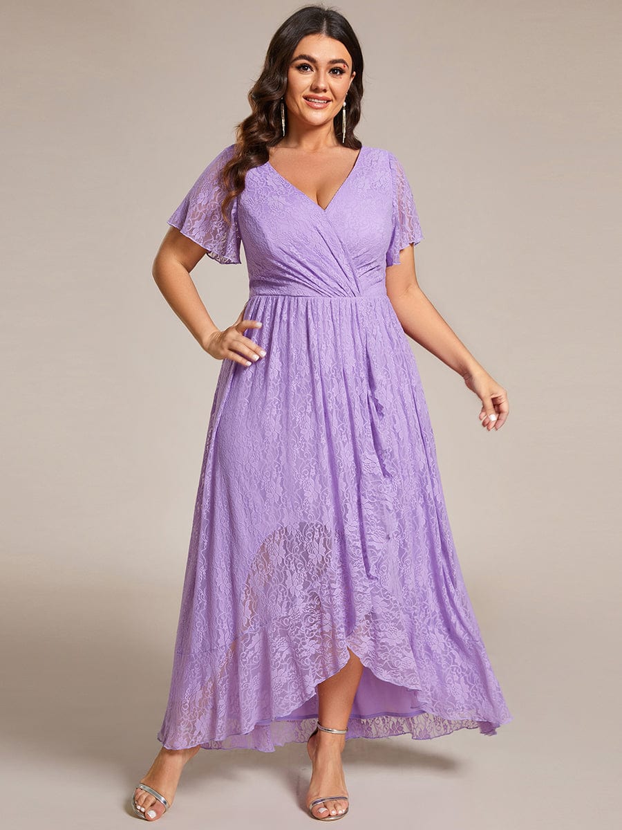 Plus Size V-Neck Short Sleeve Pleated Ruffled Lace Evening Dress