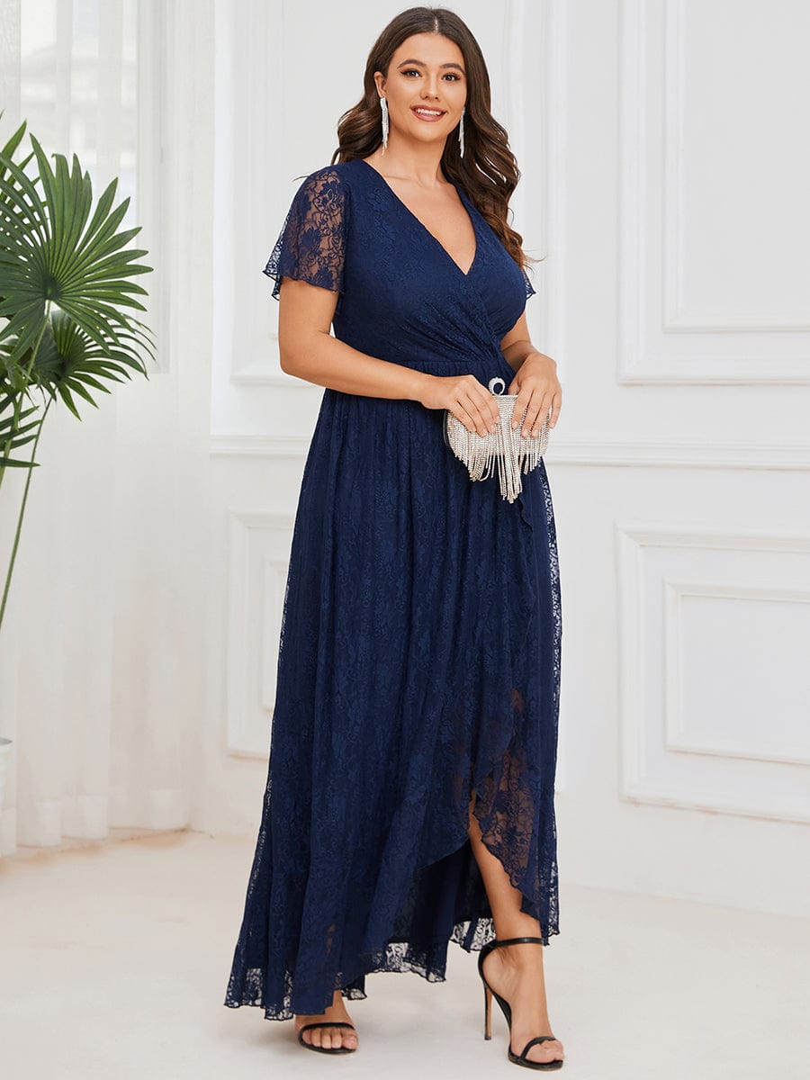 Plus Size V-Neck Short Sleeve Pleated Ruffled Lace Evening Dress