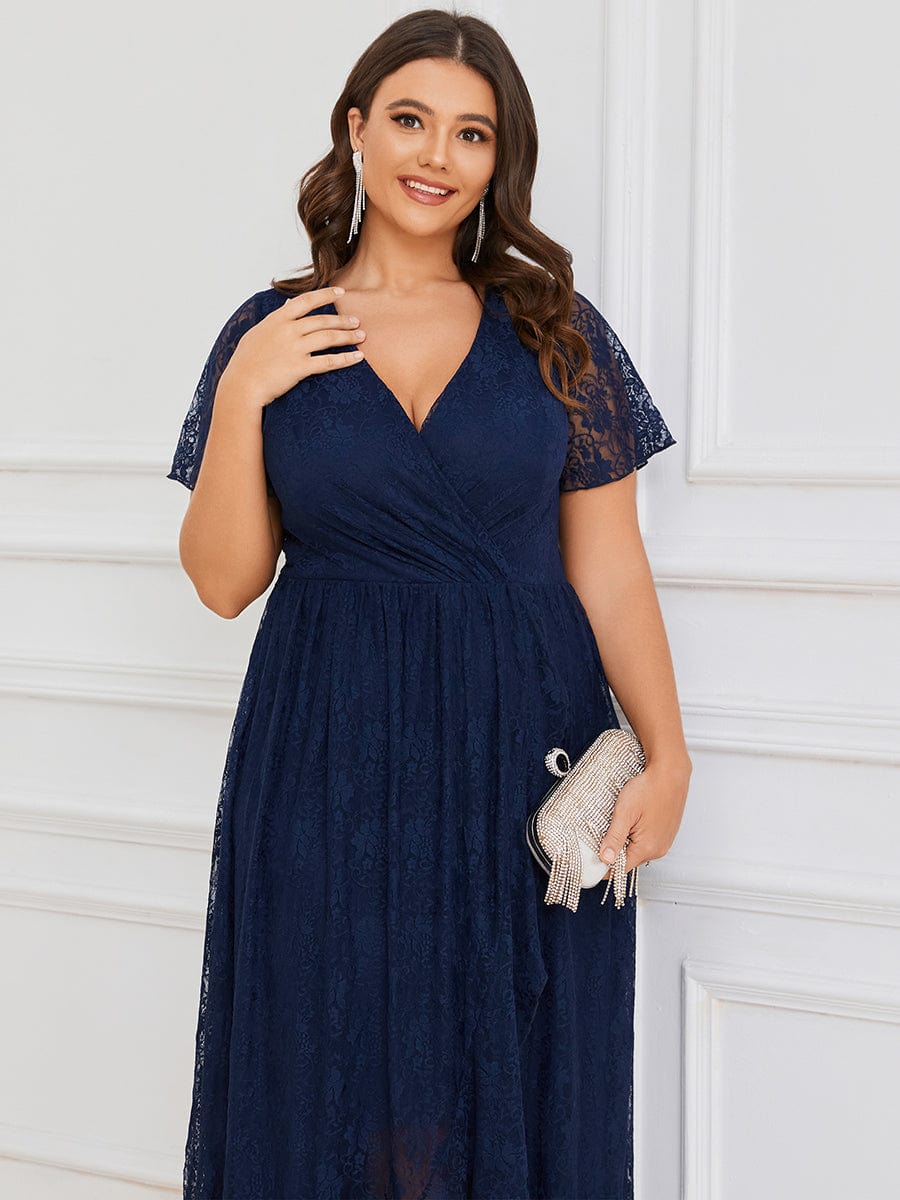 V-Neck Short Sleeve Pleated Ruffled Lace Evening Dress