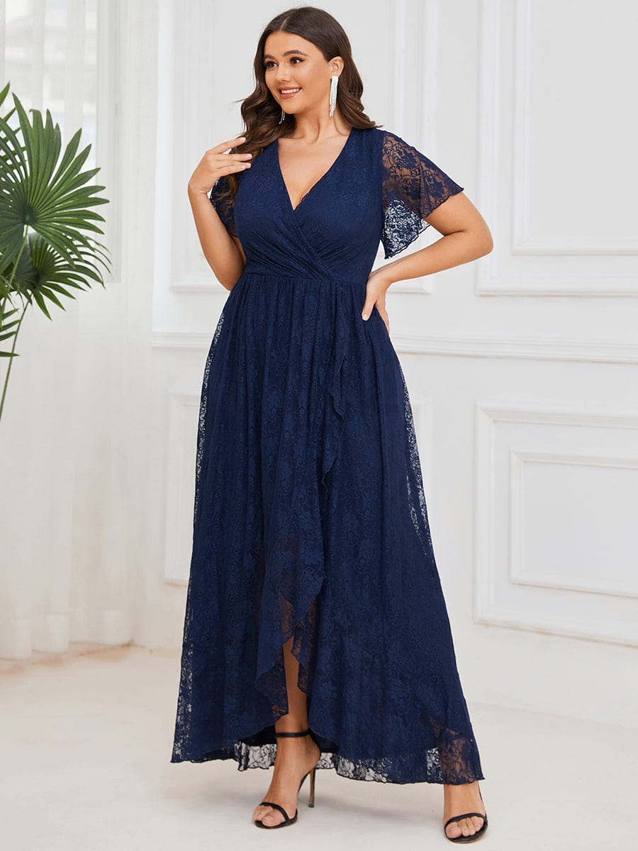 V-Neck Short Sleeve Pleated Ruffled Lace Evening Dress