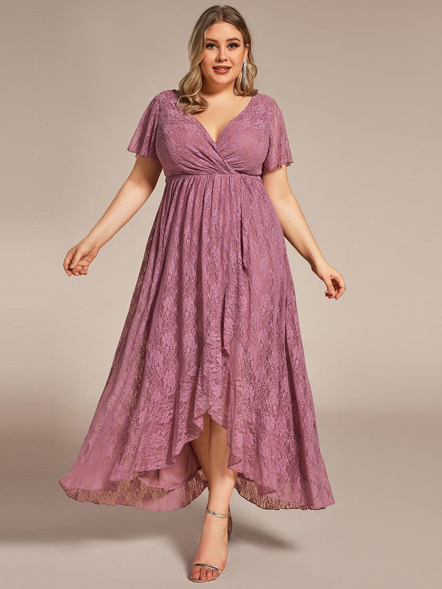 Plus Size V-Neck Short Sleeve Pleated Ruffled Lace Evening Dress