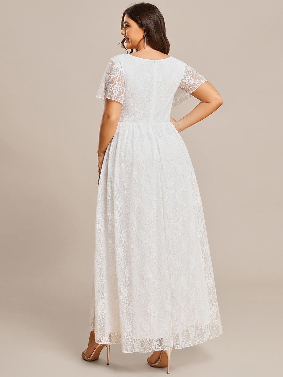 Plus Size V-Neck Short Sleeve Pleated Ruffled Lace Evening Dress