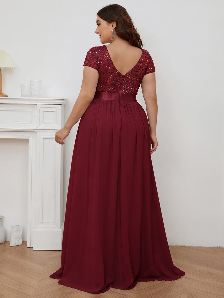 Plus Size V-Neck Cap Sleeve Sequins Chiffon Maxi Evening Dress