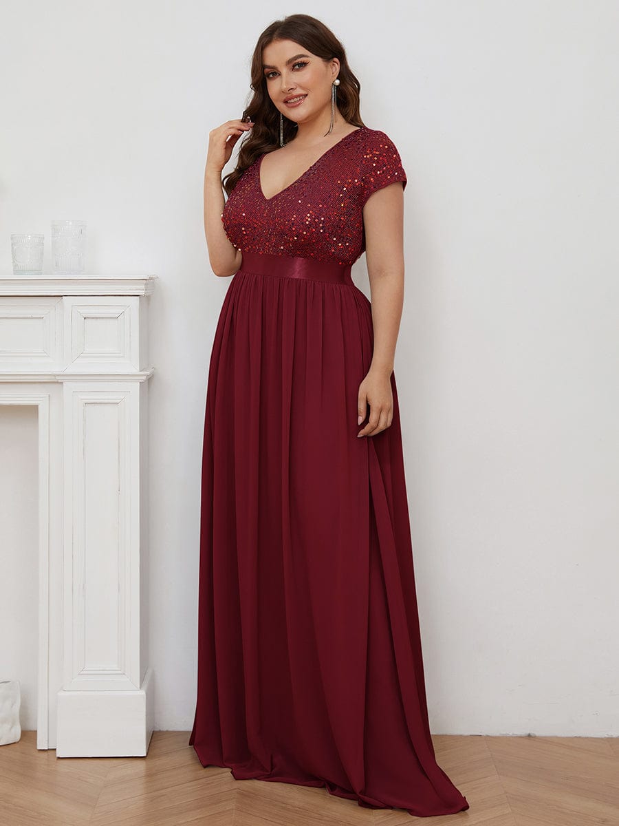 Plus Size V-Neck Cap Sleeve Sequins Chiffon Maxi Evening Dress