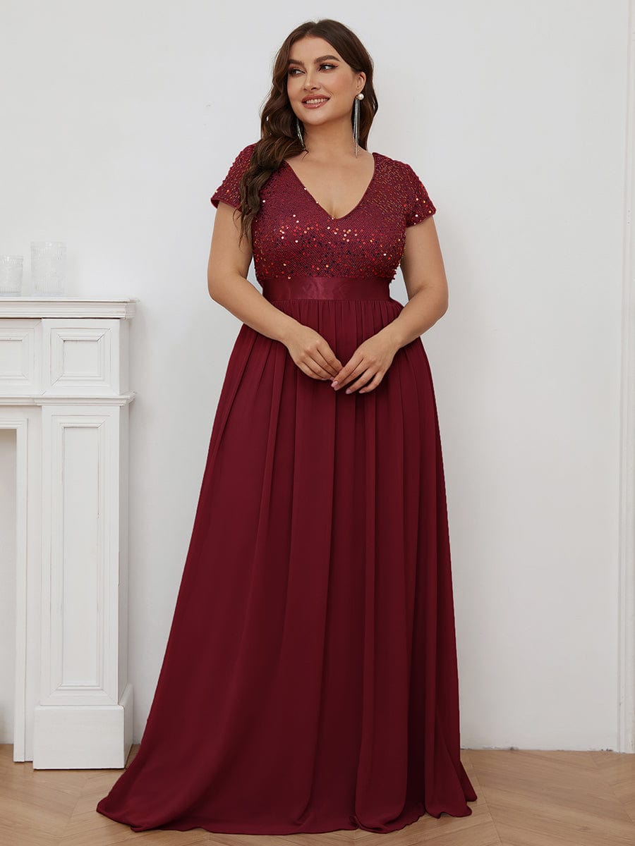 Plus Size V-Neck Cap Sleeve Sequins Chiffon Maxi Evening Dress