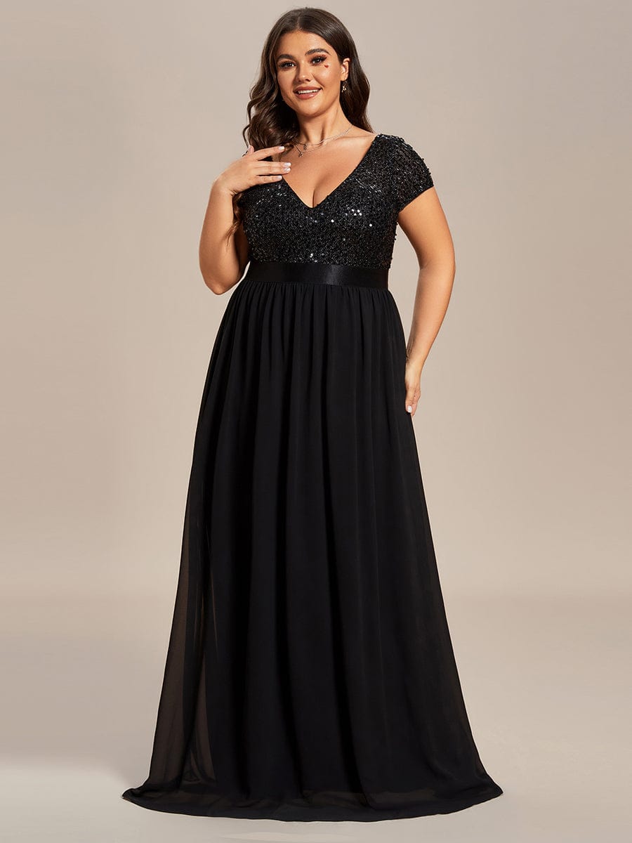 V-Neck Cap Sleeve Sequin & Chiffon Empire Waist Evening Dress