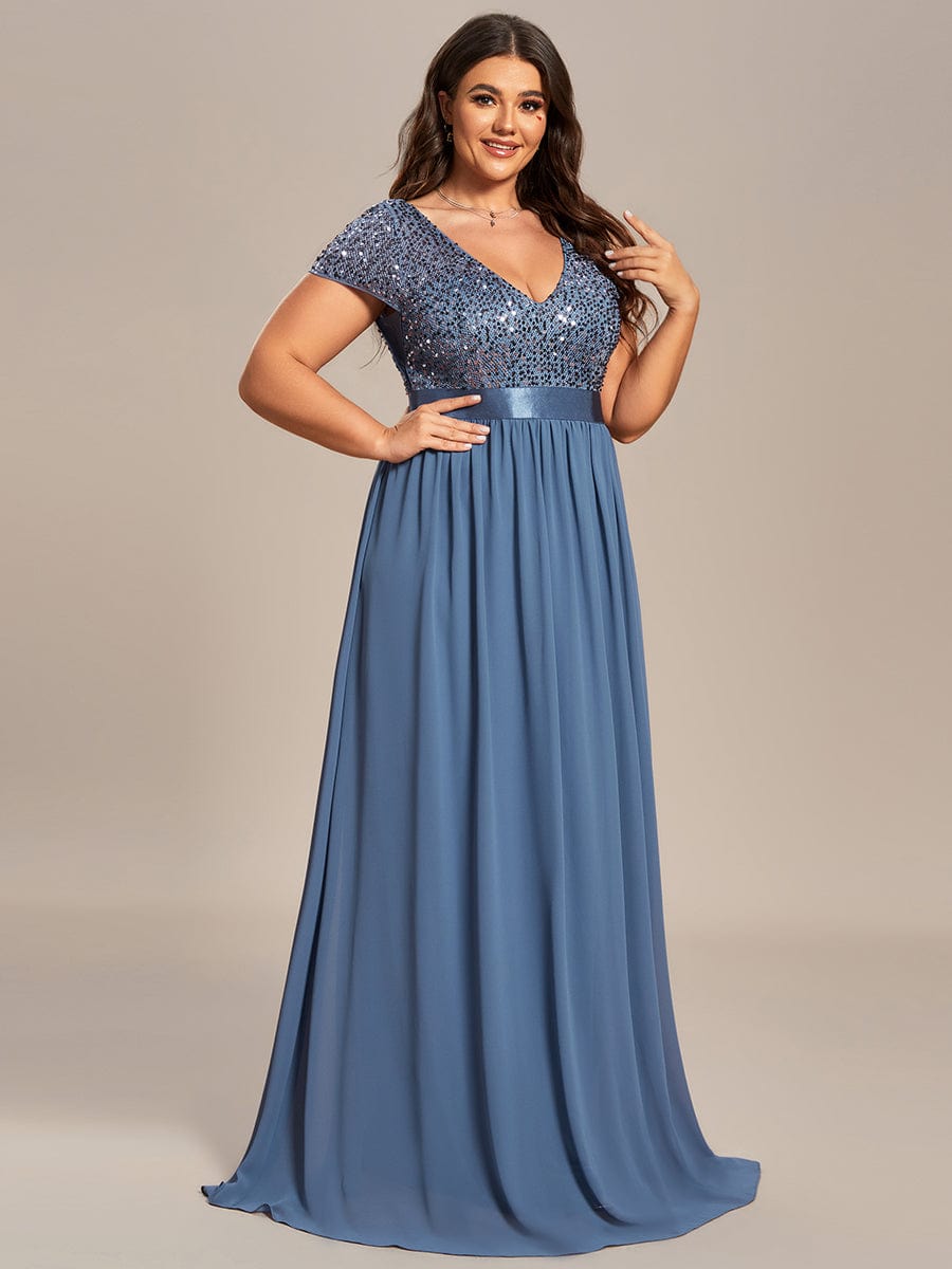 V-Neck Cap Sleeve Sequin & Chiffon Empire Waist Evening Dress