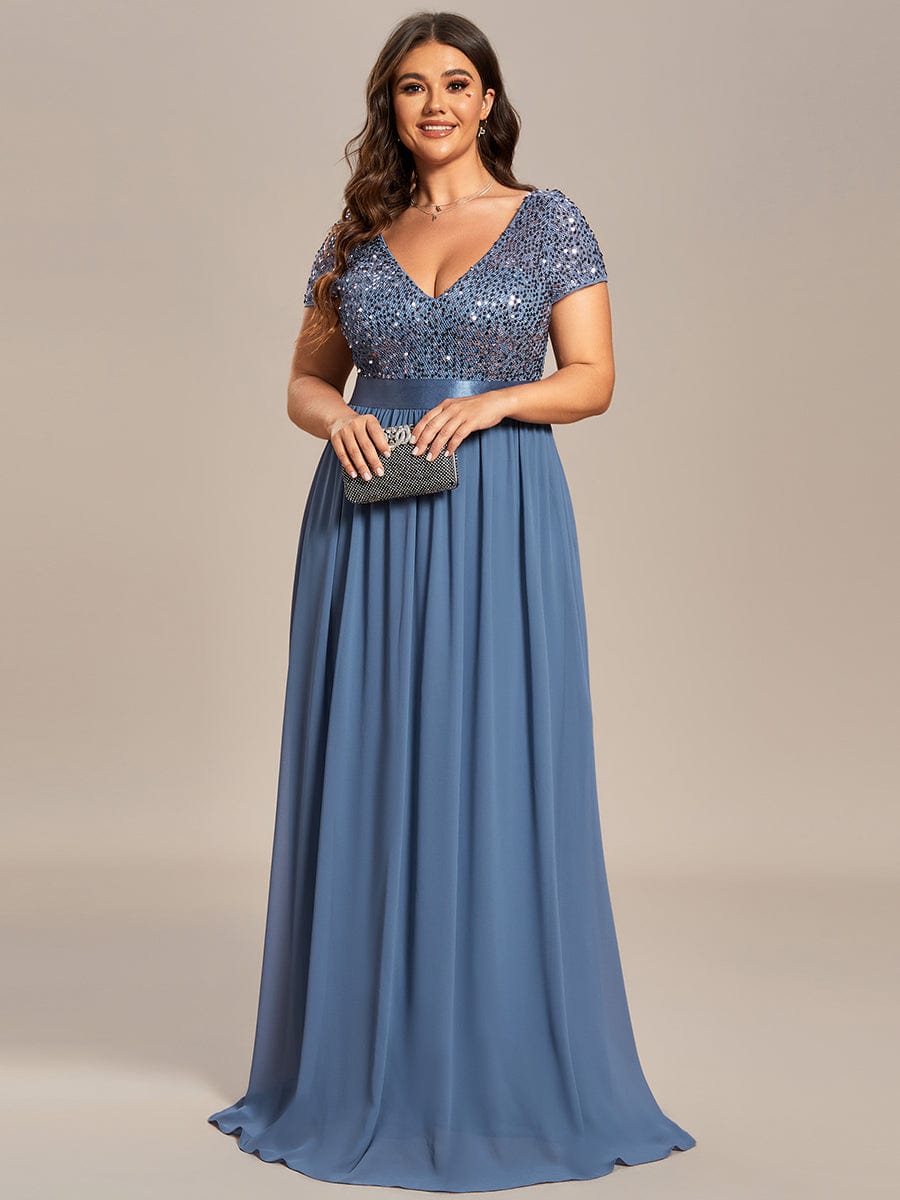 Plus Size V-Neck Cap Sleeve Sequins Chiffon Maxi Evening Dress