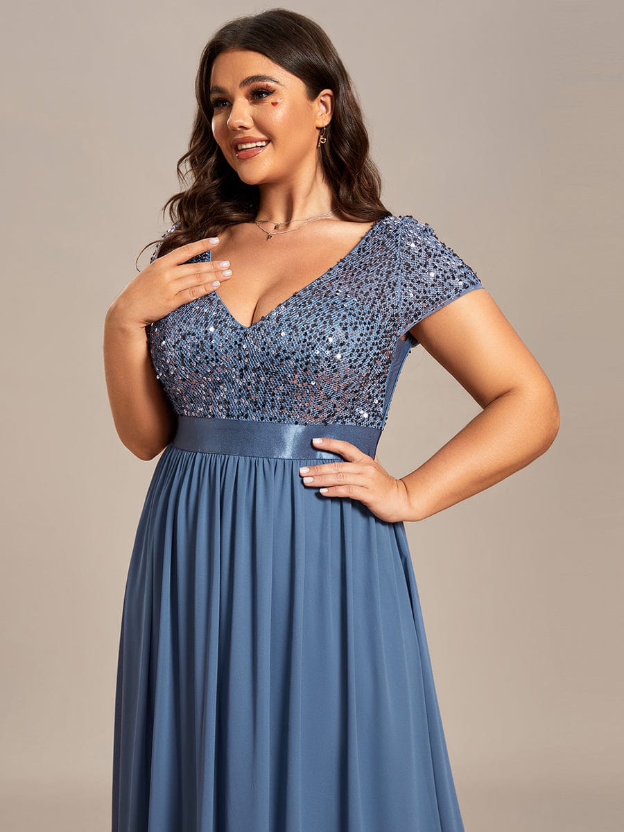 Plus Size V-Neck Cap Sleeve Sequins Chiffon Maxi Evening Dress