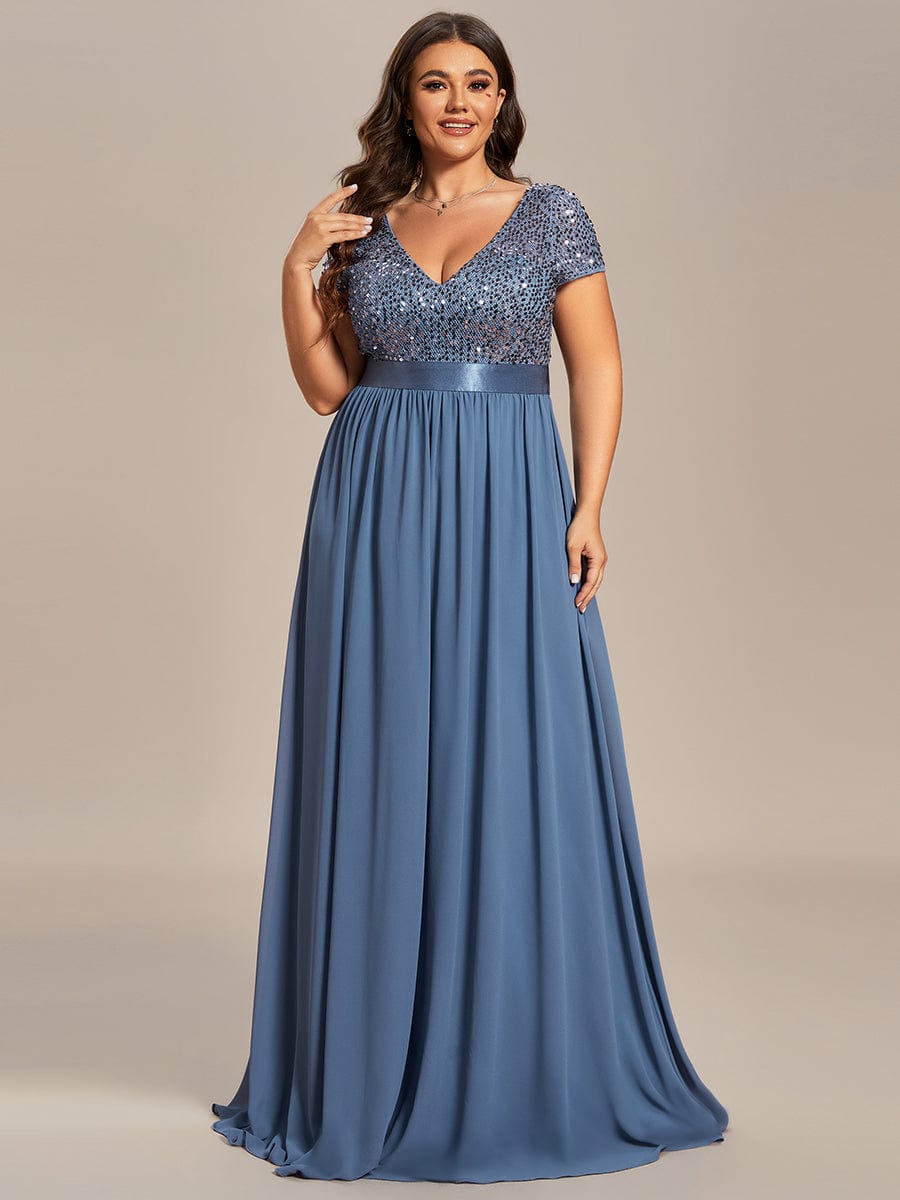 Plus Size V-Neck Cap Sleeve Sequins Chiffon Maxi Evening Dress