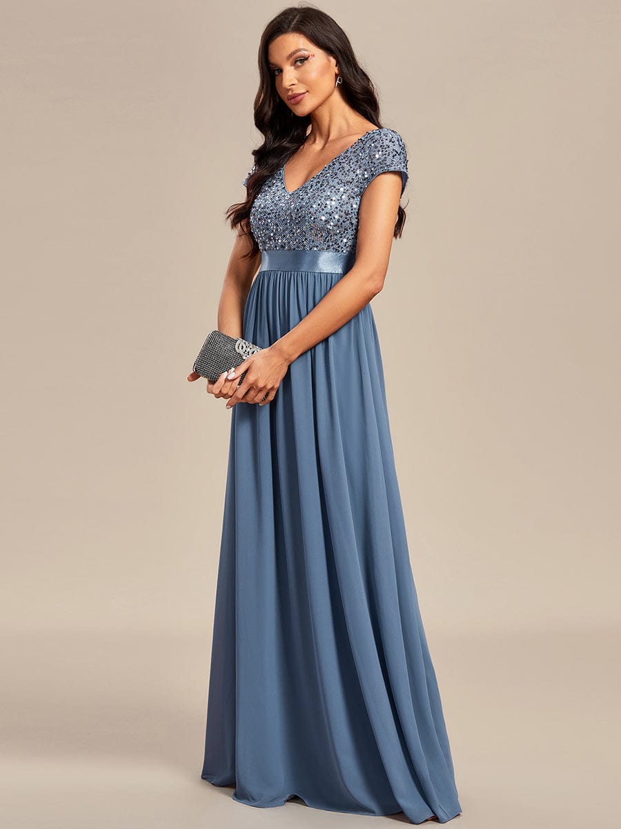 V-Neck Cap Sleeve Sequin & Chiffon Empire Waist Evening Dress