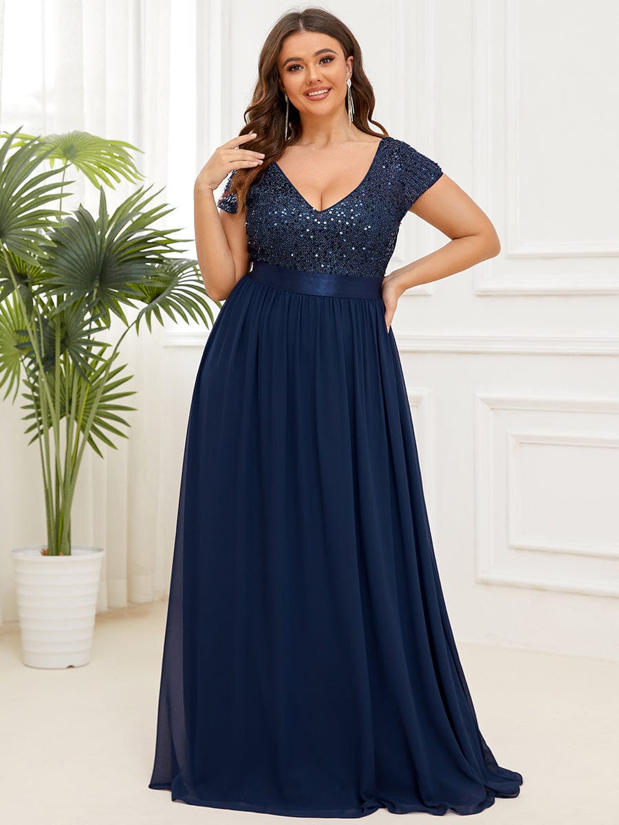 Plus Size V-Neck Cap Sleeve Sequins Chiffon Maxi Evening Dress