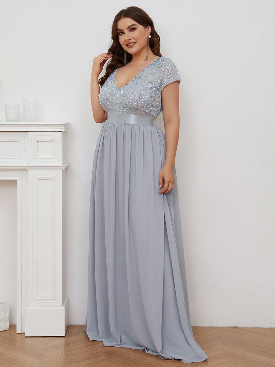 Plus Size V-Neck Cap Sleeve Sequins Chiffon Maxi Evening Dress