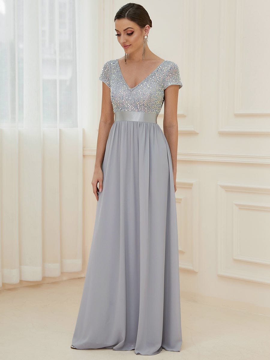 V-Neck Cap Sleeve Sequin & Chiffon Empire Waist Evening Dress