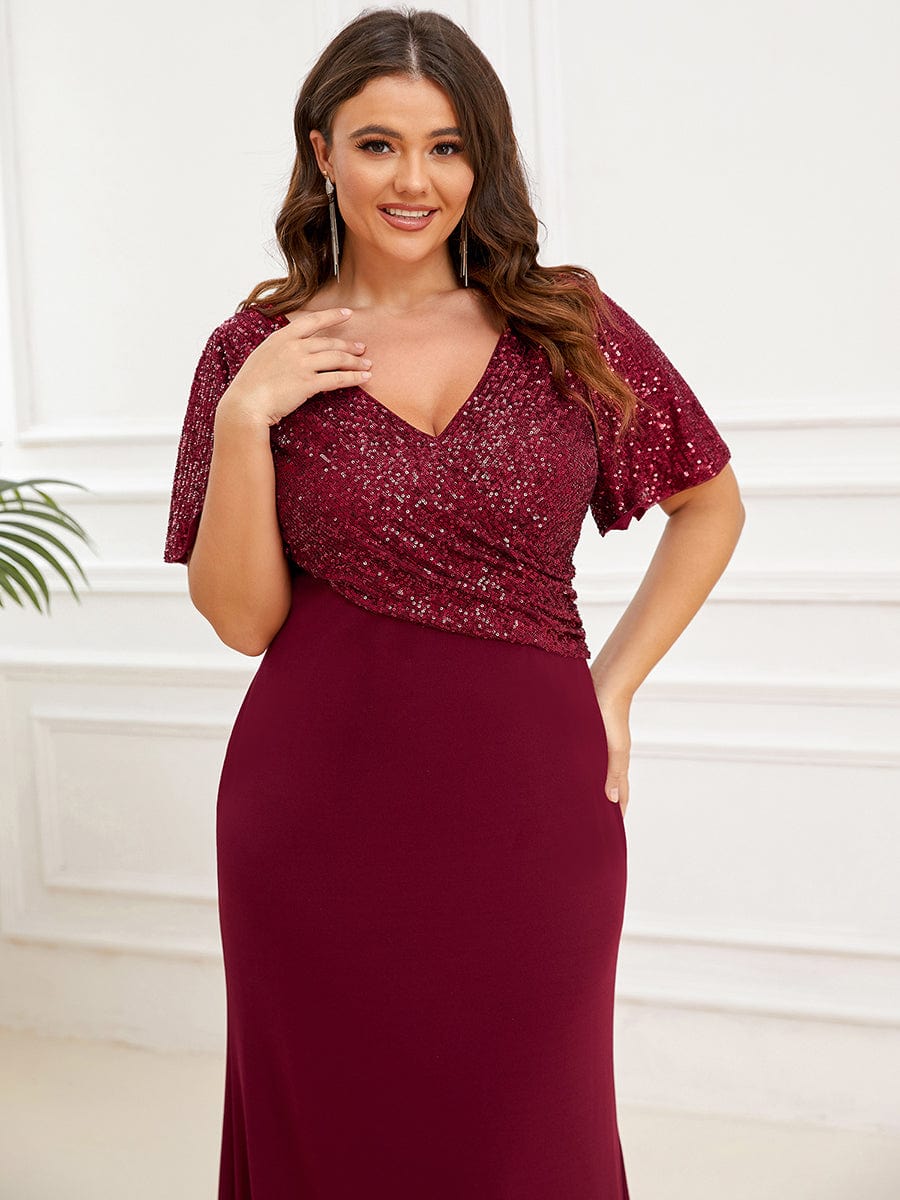 Sequin Short Sleeve V-Neck Top Column Evening Dress