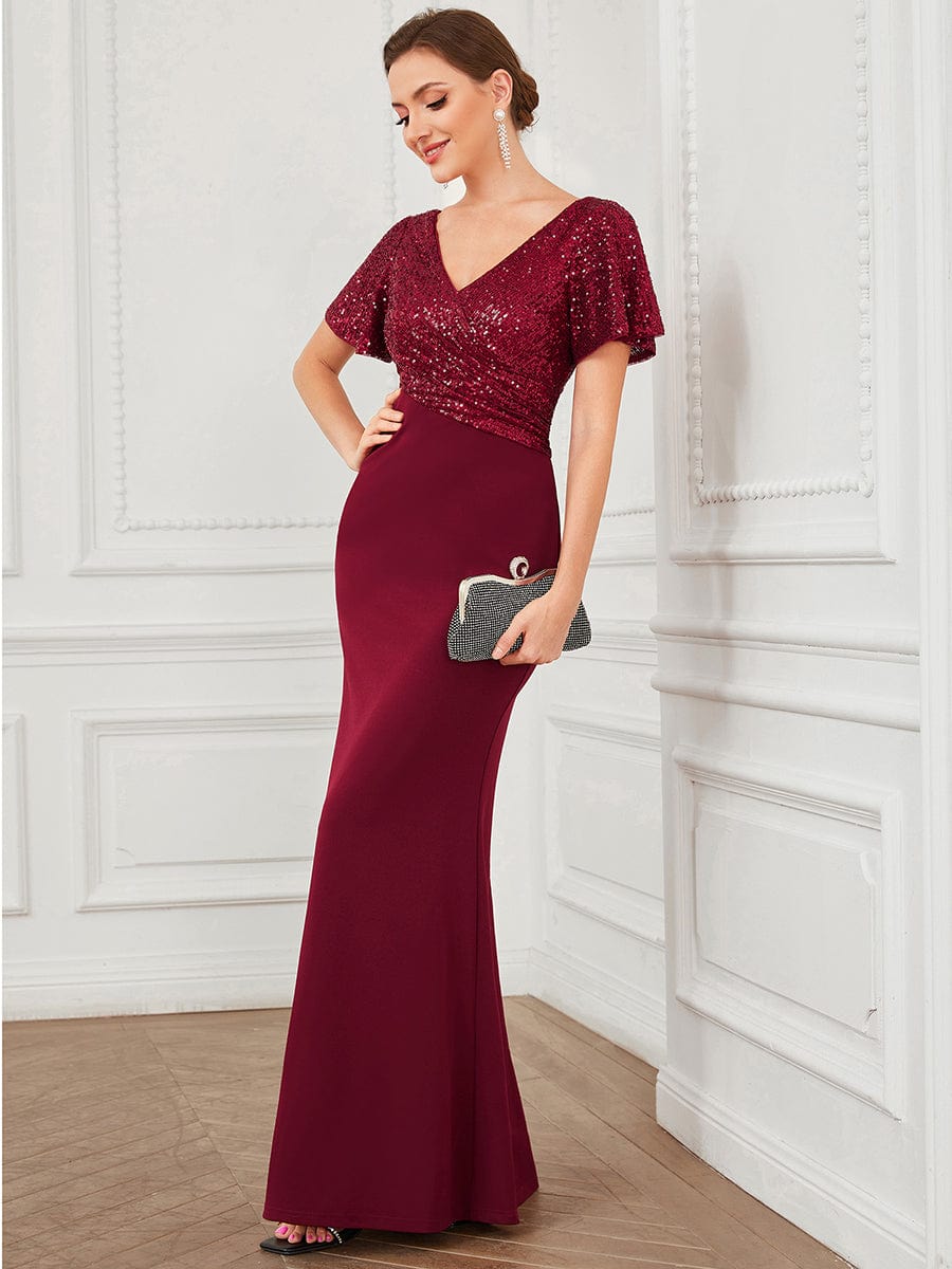 Sequin Short Sleeve V-Neck Top Column Evening Dress