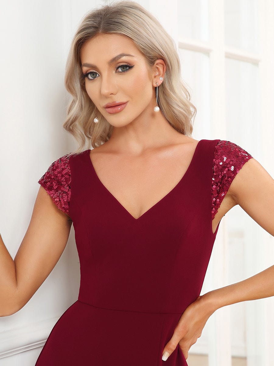 Cap Sleeve V-Neck A-Line Sequin Evening Dress