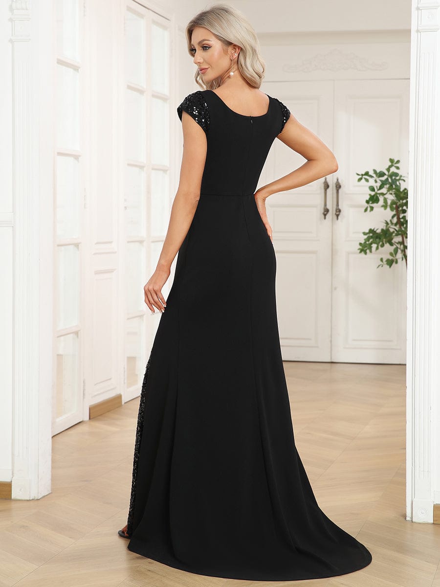 Cap Sleeve V-Neck A-Line Sequin Evening Dress