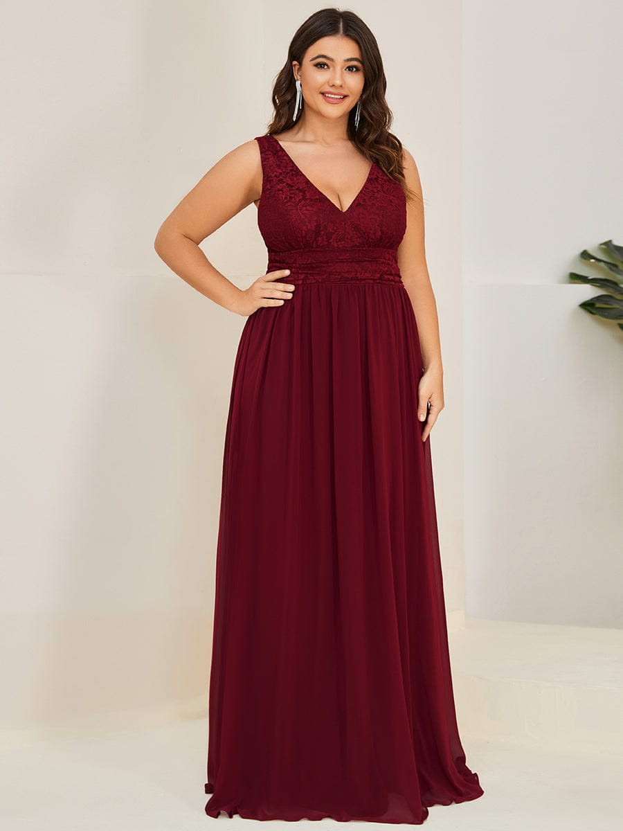 Plus Size Sleeveless V-Neck Empire Waist Floor-Length Evening Dress